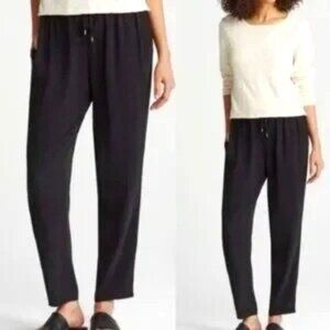 Eileen Fisher Silk Pants Black Georgette Crepe Pull On Tapered High Rise LARGE